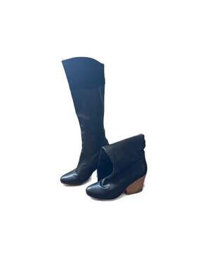 FIEL Tory Knee High Black Nappa Leather Boots with Wooden Block Heel - Size 6